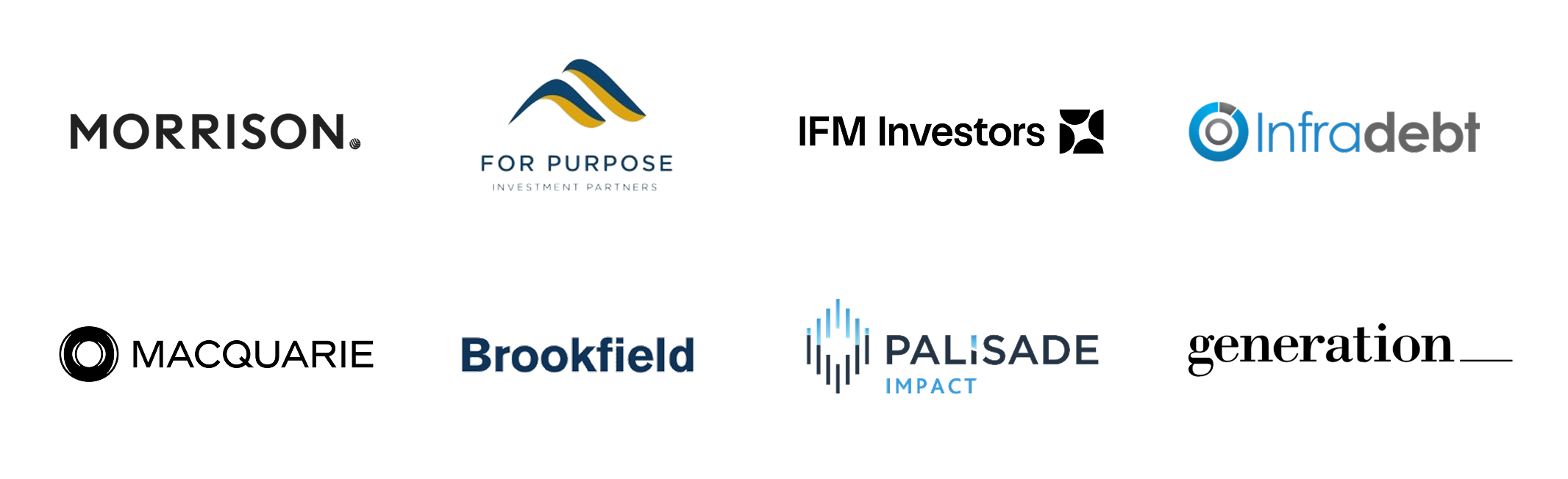 Investment partners like Infradebt, Macquarie, Brookfield, Morrison, IFM Investors, For Purpose Investment Partners, Palisade Impact, and Generation_